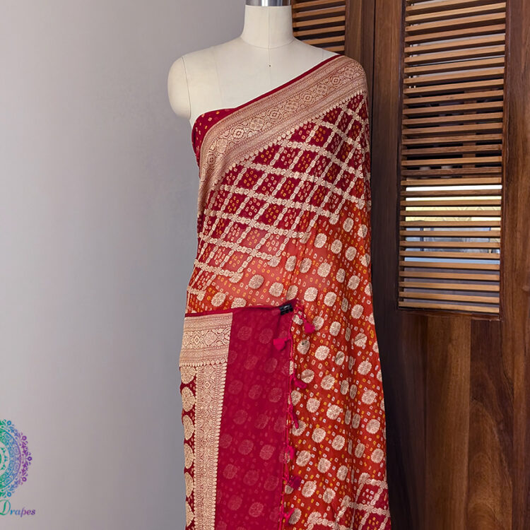 Brick Red Banarasi Bandhani Khaddi Georgette Saree