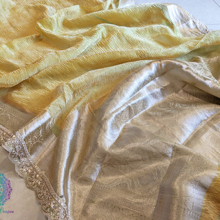 Yellow Pure Banarasi Crushed Tissue Silk Saree