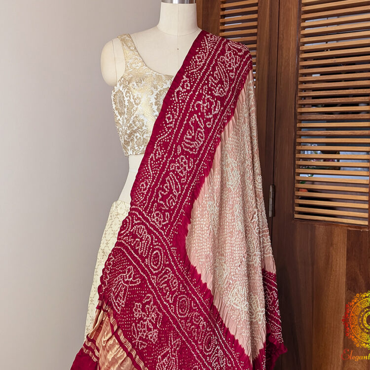 Peach Red Gaji Silk Bandhani Dupatta