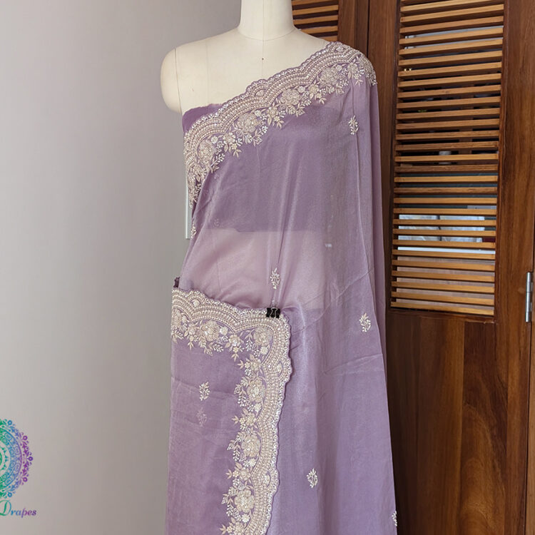 Purple Tissue Organza Zardozi Handwork Saree