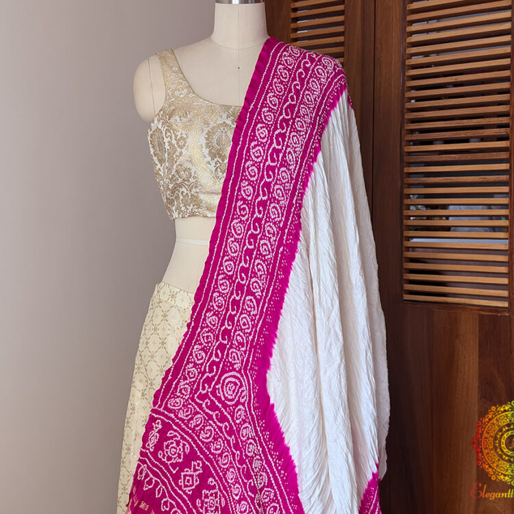 White Pink Pure Gaji Silk Bandhani Dupatta