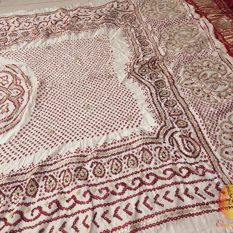 White Gaji Silk Bandhani Gota Handwork Dupatta