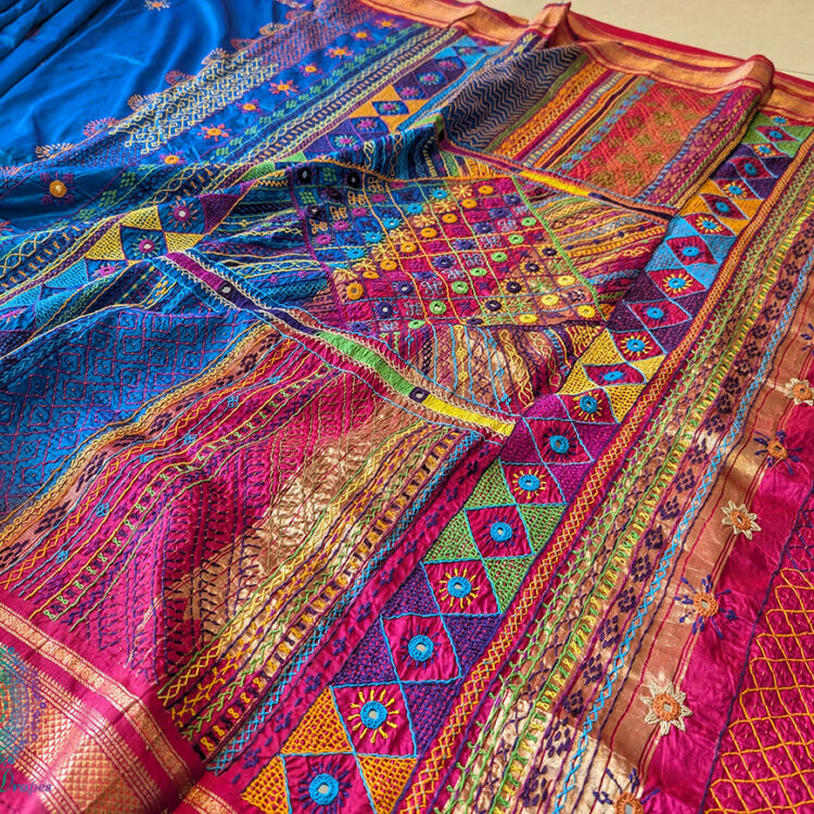 Blue Pink Pure Ilkal Silk Lambani Handwork Saree