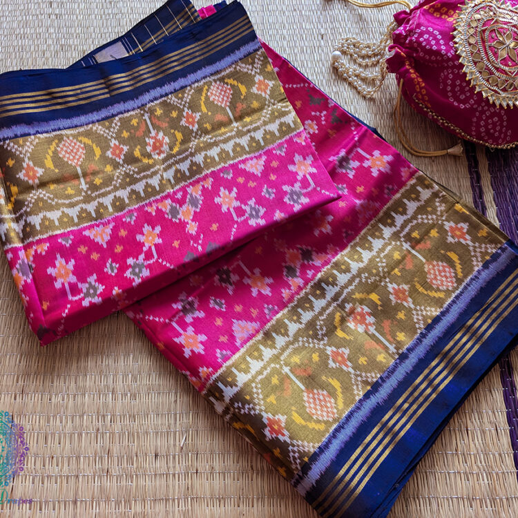 Pink Blue Pure Mulberry Silk Rajkot Patola Saree