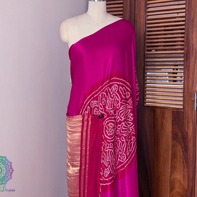 Pink Red Pure Gajji Silk Rasmandal Bandhani Saree