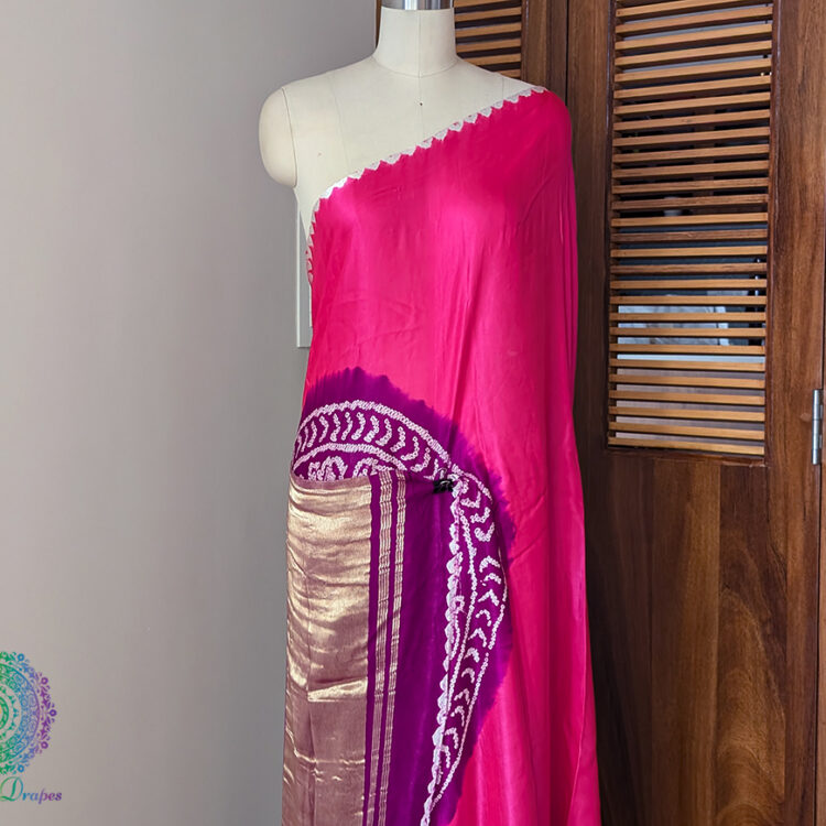 Pink Purple Pure Gajji Silk Rasmandal Bandhani Saree