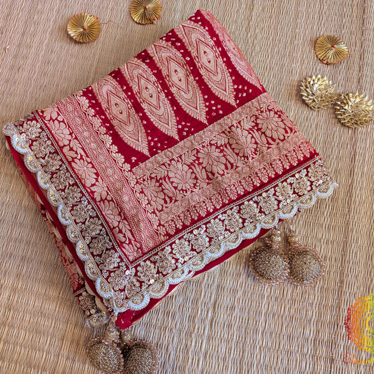 Red Banarasi Georgette Bandhani Border Dupatta