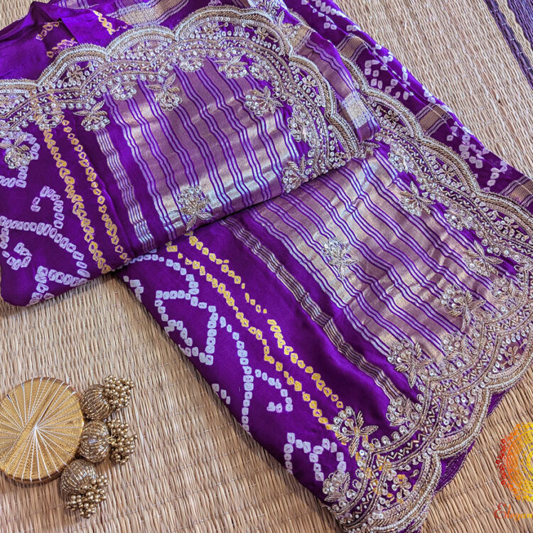 Purple Gaji Silk Bandhani Zardozi Gharchola Saree