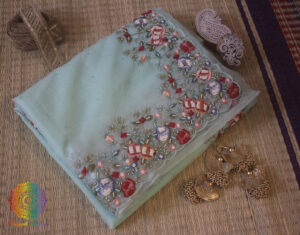 Aqua Pure Organza Silk Hand Embroidered Saree