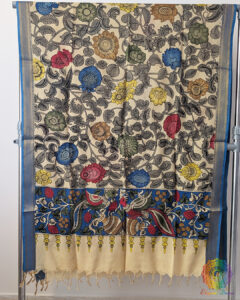 Beige Blue Kalamkari Pure Bangalore Silk Dupatta