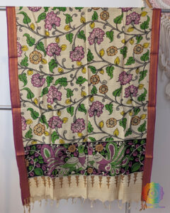 Beige Pink Floral Kalamkari Bangalore Silk Dupatta