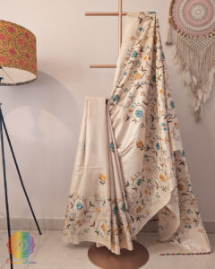 Beige Pure Tussar Silk Embroidered Saree