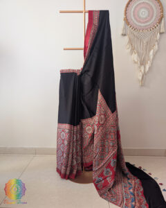 Black Red Modal Silk Ajrakh Saree