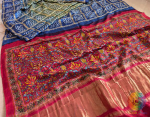 Blue Olive Shaded Gharchola Gaji Silk Bandhani Saree