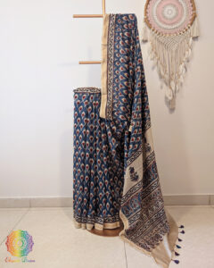 White Indigo Chanderi Ajrakh Saree