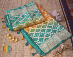 Cyan Mustard Shaded Pure Khaddi Georgette Bandhani Saree