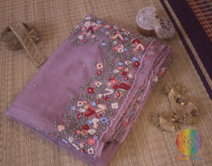 Lilac Pure Organza Silk Hand Embroidered Saree