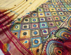 Pale Yellow Pure Ilkal Silk Lambani Handwork Saree