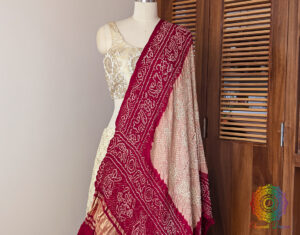 Peach Red Gaji Silk Bandhani Dupatta