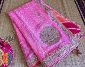 Pink Chinon Bandhej Leharia Gota Patti Saree
