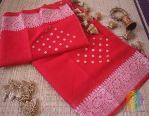 Tomato Red Banarasi Handloom Khaddi Georgette Kadhuwa Saree
