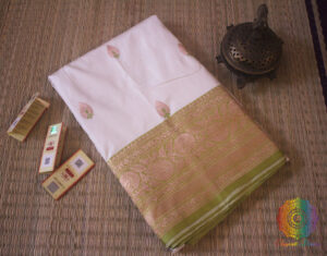 White Green Banarasi Handloom Pure Katan Silk Saree
