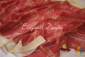Red Digital Printed Pure Linen Dupatta